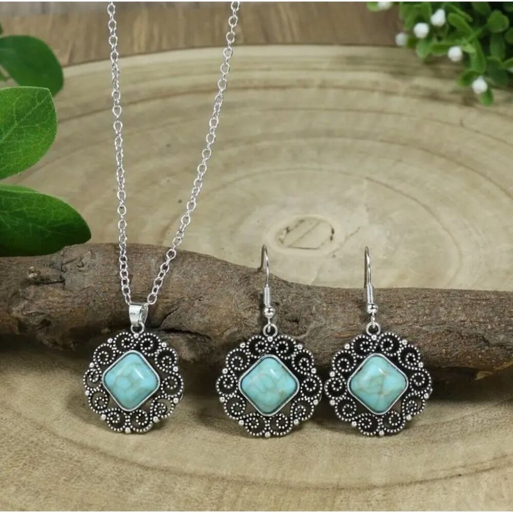 Silver Tone Jewelry Set Imitation Turquoise Necklace Hook Dangle Earrings